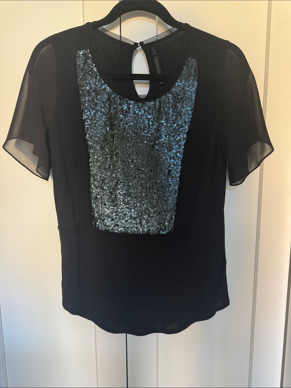Karen Millen Black Blouse with Teal Sequin Front